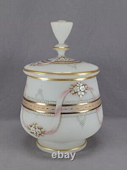 Bohemian Enameled Floral Pink Ribbon & Gold Alabaster Glass Syllabub Punch Bowl