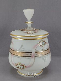 Bohemian Enameled Floral Pink Ribbon & Gold Alabaster Glass Syllabub Punch Bowl