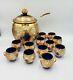 Bohemian Glass Cobalt Gold Encrusted Floral 14pc Punch Bowl & Cups Set WOW