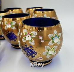 Bohemian Glass Cobalt Gold Encrusted Floral 14pc Punch Bowl & Cups Set WOW