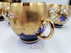 Bohemian Glass Cobalt Gold Encrusted Floral 14pc Punch Bowl & Cups Set WOW