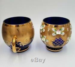 Bohemian Glass Cobalt Gold Encrusted Floral 14pc Punch Bowl & Cups Set WOW