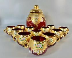 Bohemian Glass Ruby Red/Gold Enameled Large (4 Quart) Punch Bowl & 12 Cups