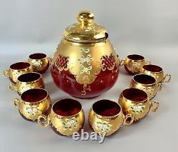 Bohemian Glass Ruby Red/Gold Enameled Large (4 Quart) Punch Bowl & 12 Cups
