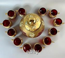 Bohemian Glass Ruby Red/Gold Enameled Large (4 Quart) Punch Bowl & 12 Cups