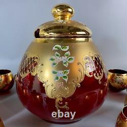 Bohemian Glass Ruby Red/Gold Enameled Large (4 Quart) Punch Bowl & 12 Cups