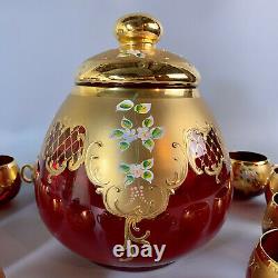 Bohemian Glass Ruby Red/Gold Enameled Large (4 Quart) Punch Bowl & 12 Cups