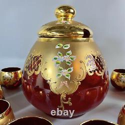 Bohemian Glass Ruby Red/Gold Enameled Large (4 Quart) Punch Bowl & 12 Cups