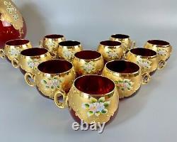 Bohemian Glass Ruby Red/Gold Enameled Large (4 Quart) Punch Bowl & 12 Cups