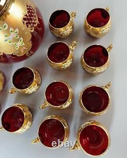 Bohemian Glass Ruby Red/Gold Enameled Large (4 Quart) Punch Bowl & 12 Cups