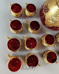 Bohemian Glass Ruby Red/Gold Enameled Large (4 Quart) Punch Bowl & 12 Cups