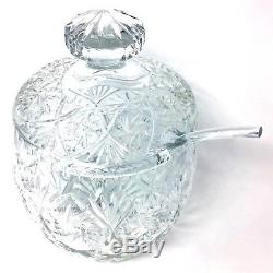 Bohemian Punch Bowl Czech Crystal Glass Lid And Ladle Set Vintage Heavy Pinwheel