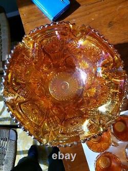 Breathtaking Imperial Carnival Glass 8 Piece Punch Bowl set Marigold Chip Free
