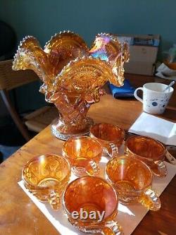 Breathtaking Imperial Carnival Glass 8 Piece Punch Bowl set Marigold Chip Free