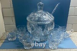 Brilliant Cut Glass Lead Crystal Punch Bowl withLid Matching Ladle and 8 Cups Set