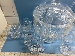 Brilliant Cut Glass Lead Crystal Punch Bowl withLid Matching Ladle and 8 Cups Set