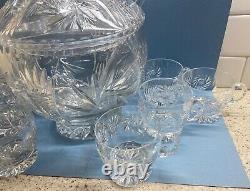 Brilliant Cut Glass Lead Crystal Punch Bowl withLid Matching Ladle and 8 Cups Set