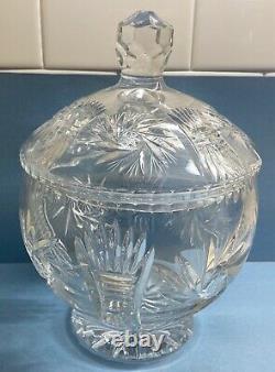 Brilliant Cut Glass Lead Crystal Punch Bowl withLid Matching Ladle and 8 Cups Set