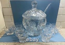 Brilliant Cut Glass Lead Crystal Punch Bowl withLid Matching Ladle and 8 Cups Set