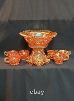 Brilliant Imperial Marigold Punch Bowl & Base w 6 Cups Carnival Glass Set