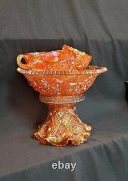 Brilliant Imperial Marigold Punch Bowl & Base w 6 Cups Carnival Glass Set