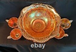 Brilliant Imperial Marigold Punch Bowl & Base w 6 Cups Carnival Glass Set