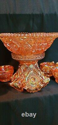 Brilliant Imperial Marigold Punch Bowl & Base w 6 Cups Carnival Glass Set