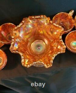 Brilliant Imperial Marigold Punch Bowl & Base w 6 Cups Carnival Glass Set