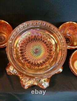 Brilliant Imperial Marigold Punch Bowl & Base w 6 Cups Carnival Glass Set