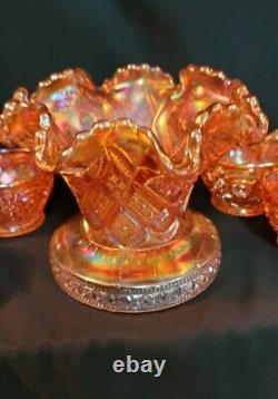 Brilliant Imperial Marigold Punch Bowl & Base w 6 Cups Carnival Glass Set