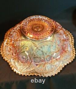 Brilliant Imperial Marigold Punch Bowl & Base w 6 Cups Carnival Glass Set