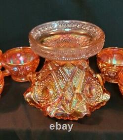 Brilliant Imperial Marigold Punch Bowl & Base w 6 Cups Carnival Glass Set