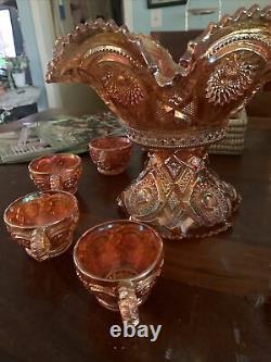 Brilliant Marigold Orange Carnival Glass Punch Bowl & Base w 4 Cups Set