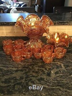 Brilliant Marigold Orange Punch Bowl & Base w 10 Cups & Bowl Carnival Glass Set