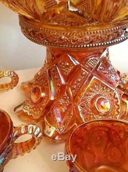 Brilliant Marigold Orange Punch Bowl & Base w 5 Cups Carnival Glass Set