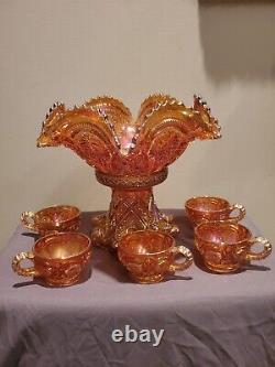 Brilliant Marigold Orange punch bowl with stand and 5 cups