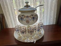 Bristol glass punch set 6qt bowl lid ladle tray 5 goblets Edwardian blue gold