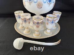 Bristol glass punch set 6qt bowl lid ladle tray 5 goblets Edwardian blue gold