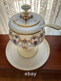 Bristol glass punch set 6qt bowl lid ladle tray 5 goblets Edwardian blue gold