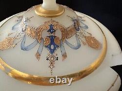 Bristol glass punch set 6qt bowl lid ladle tray 5 goblets Edwardian blue gold