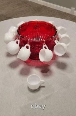 Brown & Gravenson 25 Piece Ruby and Milk White Glass Punch Bowl Set