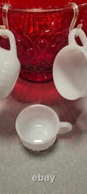 Brown & Gravenson 25 Piece Ruby and Milk White Glass Punch Bowl Set