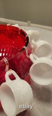Brown & Gravenson 25 Piece Ruby and Milk White Glass Punch Bowl Set