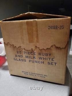 Brown & Gravenson 25 Piece Ruby and Milk White Glass Punch Bowl Set