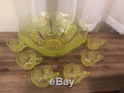 Button And Daisy Design Vaseline Glass Punch Bowl Set Ladle Cups
