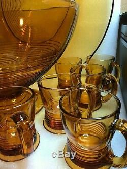 CAMBRIDGE GLASS TALLY HO 15 pc amber PUNCH SET footed PUNCH BOWL 12 TALL MUGS