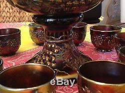 CARNIVAL GLASS GRAPE CABLE 12 PIECE SET BY NORTHWOOD PUNCH BOWL With BASE 10 CUPS