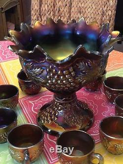 CARNIVAL GLASS GRAPE CABLE 12 PIECE SET BY NORTHWOOD PUNCH BOWL With BASE 10 CUPS