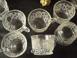COLLECTIBLE V. GLASS PUNCH BOWL SET LADLE With MATCHING 12 CUPS GOLD METAL BASE LN