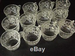 COLLECTIBLE V. GLASS PUNCH BOWL SET LADLE With MATCHING 12 CUPS GOLD METAL BASE LN